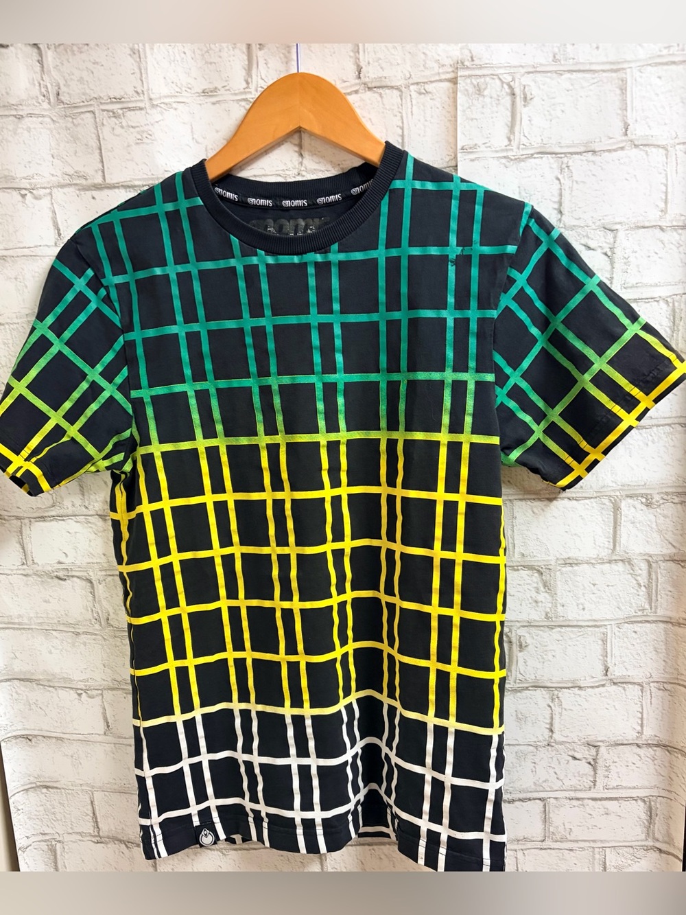 Nomis Men's Black Grid Tee with Green and Yellow Fade - Casual Short Sleeve